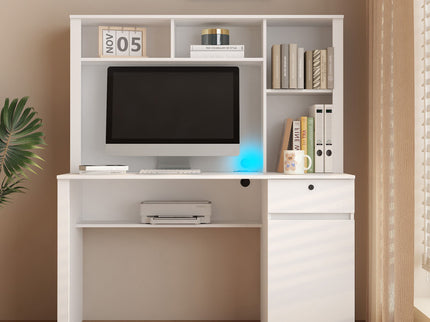 Computer Desk With Hutch & Bookshelf, Wood Executive Desk Teens Student Desk Writing Laptop Home Office Desk With Drawers, 3 Ac Outlets And 2 USB Charging Ports, Study Laptop Table For Home - White
