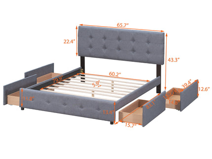 Upholstered Platform Bed With Classic Headboard And Drawers, No Box Spring Needed