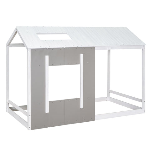 Twin Size House Platform Bed With Roof And Window - Natural / White