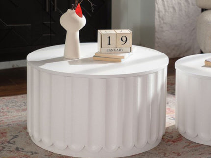 Round Storage Table Set With Lift Off Lid, Nesting Design, Elegant Curved Edge Shape For Living Room - Cream White