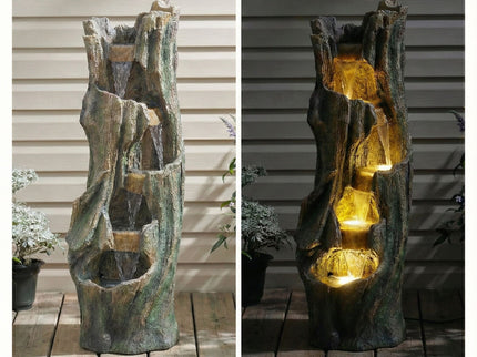 Tree Trunk Cascading Water Fountain, Outdoor LED Lighted - Gray