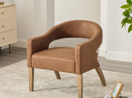 Upholstered Open Back Armchair With Weathered Rubberwood Legs