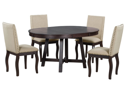 Round Extendable Dining Table Set With 4 Upholstered Chairs