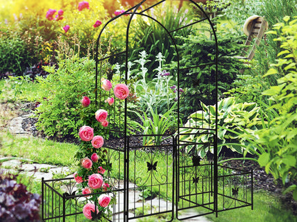 Metal Garden Arch With Gate High Climbing Plants Support Rose Arch Outdoor - Black