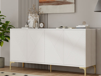 Modern Wood Sideboard Cabinet With Carved Door Panels, Adjustable Shelves, And Sturdy Metal Legs