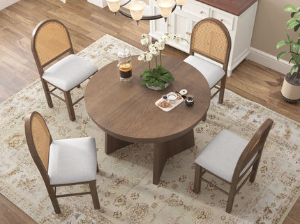 Extendable Round Dining Table Set For 4 With 4 Upholstered Chairs - Beige / Walnut