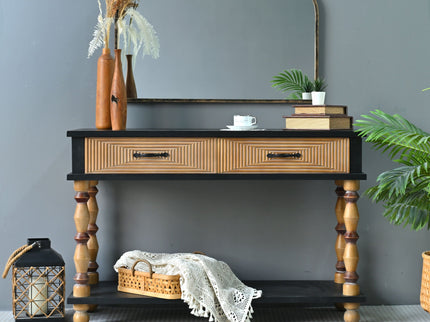 Accent Carved Console Table With Open Shelf And 2 Drawers Living Room - Black / Natural Wood Wash