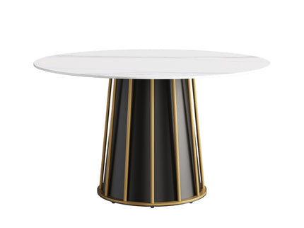 53.15" Modern Artificial Stone Round Panel Metal Iron Base Dining Table, Can Accommodate 6 People, (Not Including Chairs) - White / Black