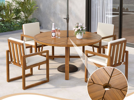 5 Piece Outdoor Patio Dining Set With 4 Armchairs And Table - Beige