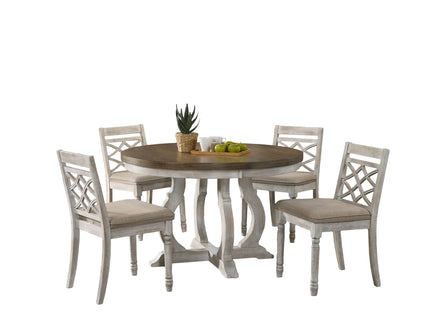 Havanna - 5 Piece Wide Round Dining Table With Off White Chairs (Set of 5) - Vintage Walnut