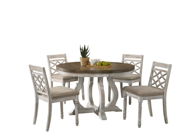 Havanna - 5 Piece Wide Round Dining Table With Off White Chairs (Set of 5) - Vintage Walnut
