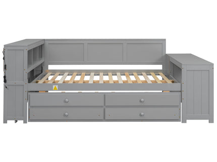 Daybed With Storage Shelves, Drawers, Trundle, Charging Station, LED Light, Desk And Cabinet