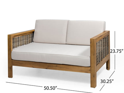 Outdoor 4 Seater Acacia Wood Chat Set With Wicker Accents And Cushions - Teak / Mixed Brown / Beige