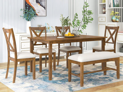 6 Piece Rectangular Dining Table Set With 4 Chairs And Bench