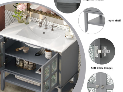 Bathroom Vanity With Ceramic Sink, Adjustable & Open Shelf