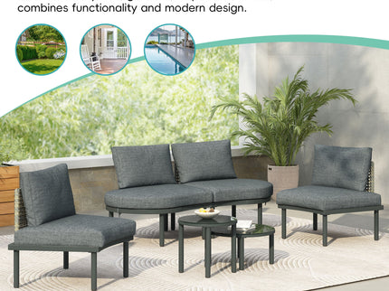 6 Piece Patio Set, Half Moon Outdoor Sectional Sofa With 2 High Low Coffee Tables, 4 Pillows & Cushions