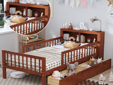 Bed With Headboard Storage Rack, 2 Under Bed Drawers, 3 Side Guardrails For Safety