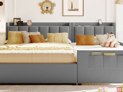 Upholstered Mother & Child Bed With Hydraulic Storage System, Drawer Box, Bedhead Storage Shelf And 2 Pairs Of Sockets & USB Ports