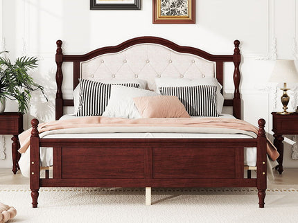 Pine Wooden Bed With Upholstered Headboard And Panel Footboard, With Two Bed Rail Support Feet And Central Platform Support Feet
