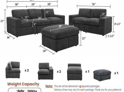 Oversized Modular Sectional Sofa Set With Loveseat & Ottoman, 6 Piece Living Room Furniture - Dark Gray
