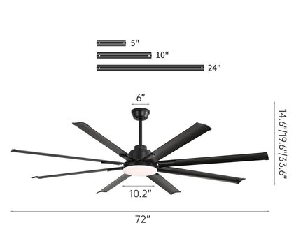 72" Large Design Ceiling Fan With Smart Remote Control, 6 Wind Speed DC Motor For Living Room - Black