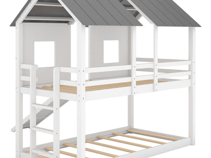 Twin Over Twin House Bunk Bed With Slide And Windows - White / Gray