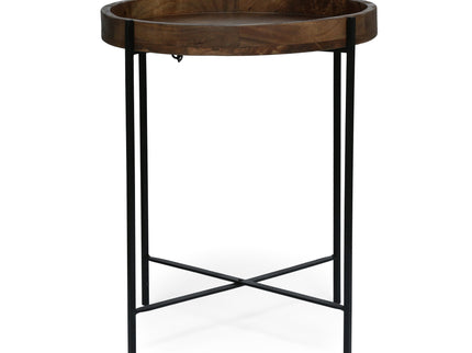 Modern Industrial Round End Table With Tray Top And Foldable Iron Legs - Natural
