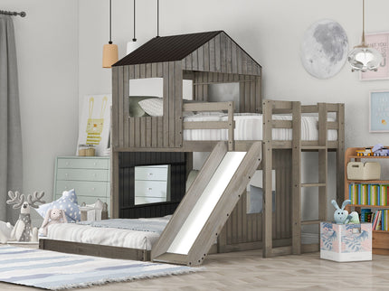 Loft Bunk Bed With Playhouse, Farmhouse, Ladder, Slide And Guardrails