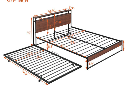 Platform Bed Frame With Trundle, USB Ports And Slat Support, No Box Spring Needed