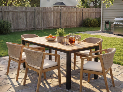 7 Piece Outdoor Dining Set With Table And 6 Chairs - Beige / Brown Mix / Light Teak / Teak
