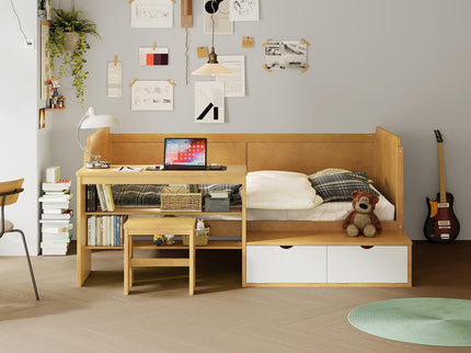 Daybed With Storage Shelves And Lockers, Multi Functional Bed With Study Desk And Matching Stool