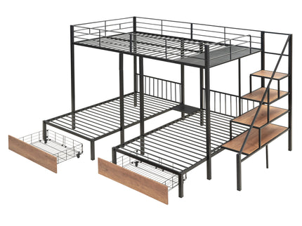 Full Over Twin-Twin Triple Bunk Bed With Drawers And Staircase - Black
