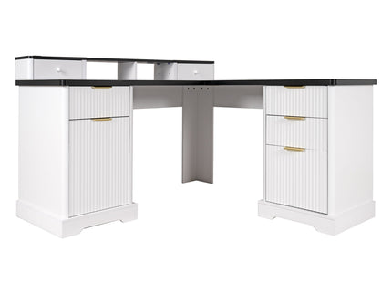 Fluted L-Shaped Desk With Charging Station & Storage Cabinet