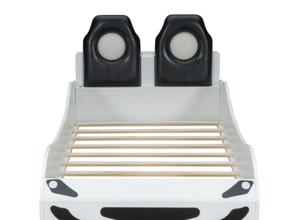 Race Car Shaped Platform Bed With LED And Upholstered Backrest In