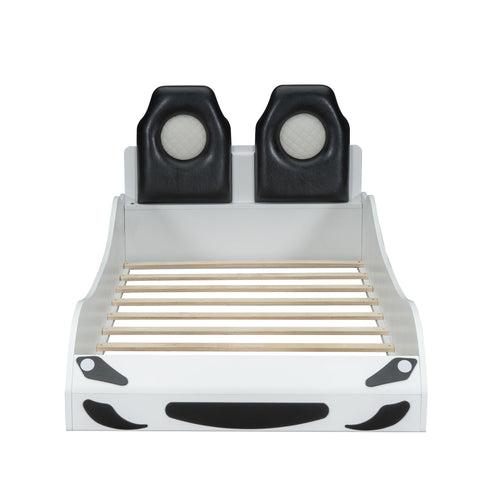 Race Car Shaped Platform Bed With LED And Upholstered Backrest In