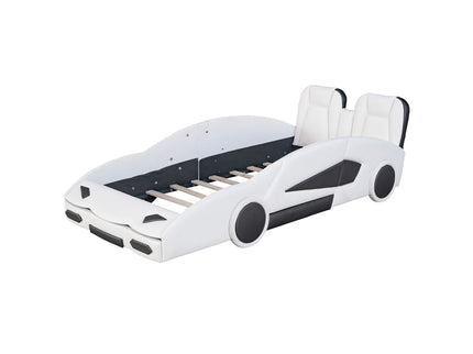 Race Car Shaped Twin Platform Bed With Wheels, Pine Wood Construction