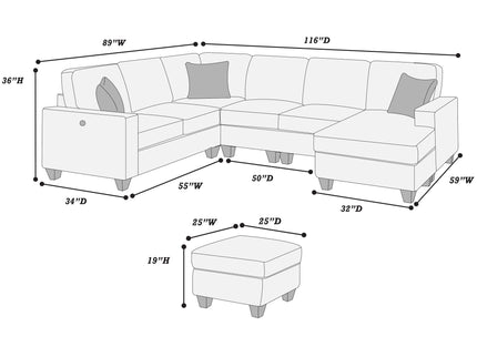 Left Arm Facing Loveseat With USB Port 5 Piece Sectional Set Corner Wedge Armless Chair Cocktail Ottoman Upholstered Living Room Furniture - Dark Gray