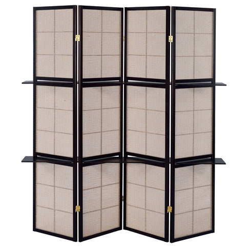 4 Panel Folding Screen With Shelves - Brown