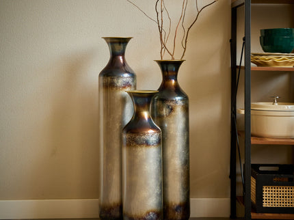 Modern Droplet Shaped Floor Vase Set, Glazed Metal Decorative Vases 3 Piece Home Accent For Living Room - Gold / White