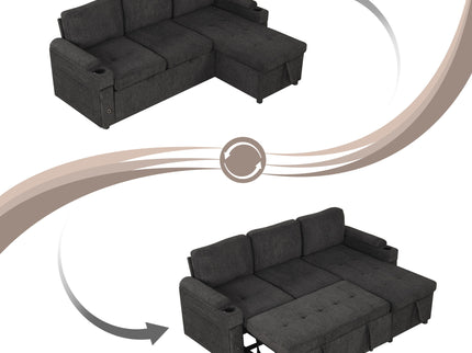 Convertible L Shaped Sofa Couch With Storage, Cup Holders, USB Ports