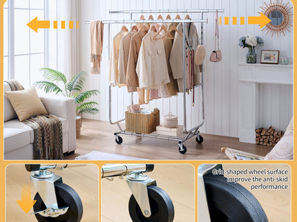 Heavy Duty Double Clothing Garment Rack With Shelves - Silver