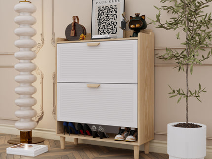 Shoe Storage Cabinet With 2 Flip Drawers, Compact Entryway Organizer - Natural / White