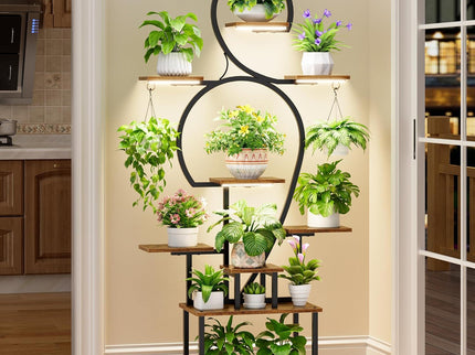 Plant Stand Indoor With Grow Light, 9 Tiered 63" Tall Indoor Plant Shelves For Multiple Plants - Walnut / Black
