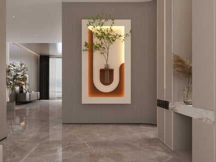 Adjustable 3 Color LED Sandstone Wall Decor With Simulated Plants, Vase & Rabbit Statue - Light Coffee