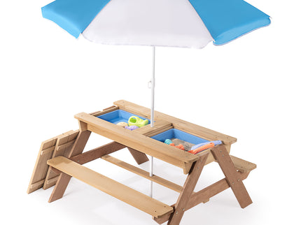 3-In-1 Kids Outdoor Wooden Picnic Table With Umbrella, Convertible Sand & Water, ASTM & CPSIA Certification