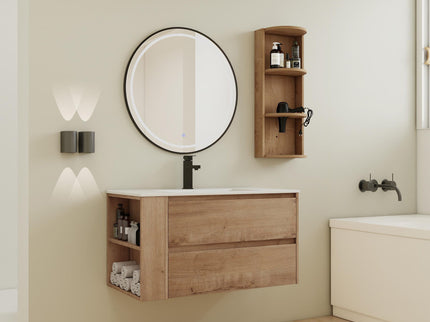 Modern Wall Mounted Bathroom Vanity With Ceramic Sink And Storage Rack, 2 Soft Close Drawers