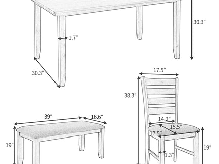 Dining Set For 6, Upholstered Chairs, Includes Table, 4 Chairs, And 2 Person Bench - Gray