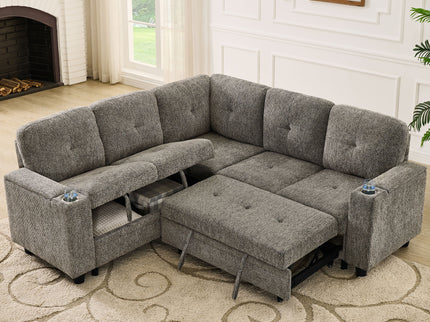 5 Seat Reversible L - Shaped Sleeper Sofa, Pull Out Convertible Sectional Couch With Storage, USB C - Charger, Cup Holders Modular Sofa Bed - Gray