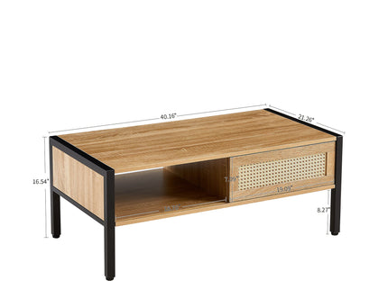 40.16" Rattan Coffee Table, Sliding Door For Storage, Metal Legs, Modern Table For Living Room