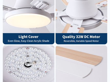 Flush Mount Ceiling Fans With LED Light And Remote Control, 5 Blades